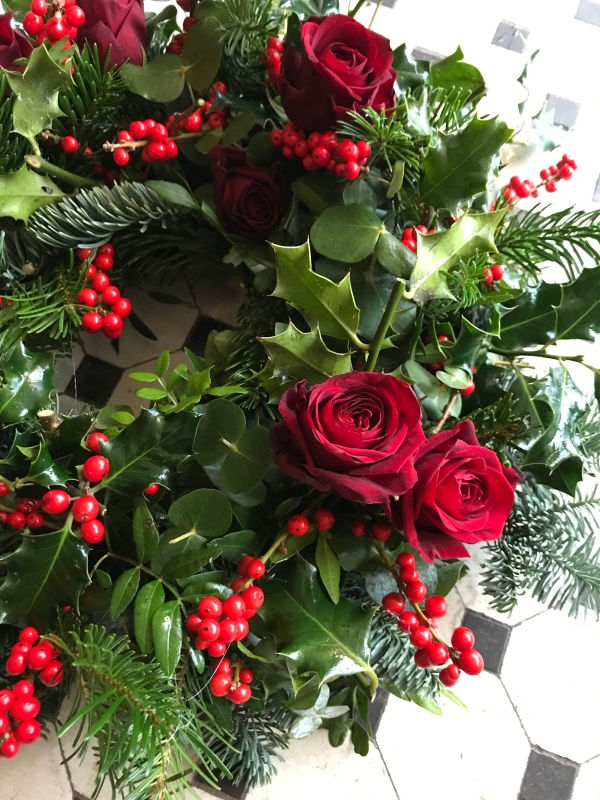 Holly Wreath with Red Roses