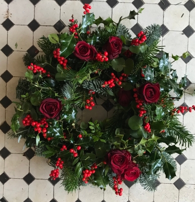 Holly Wreath with Red Roses